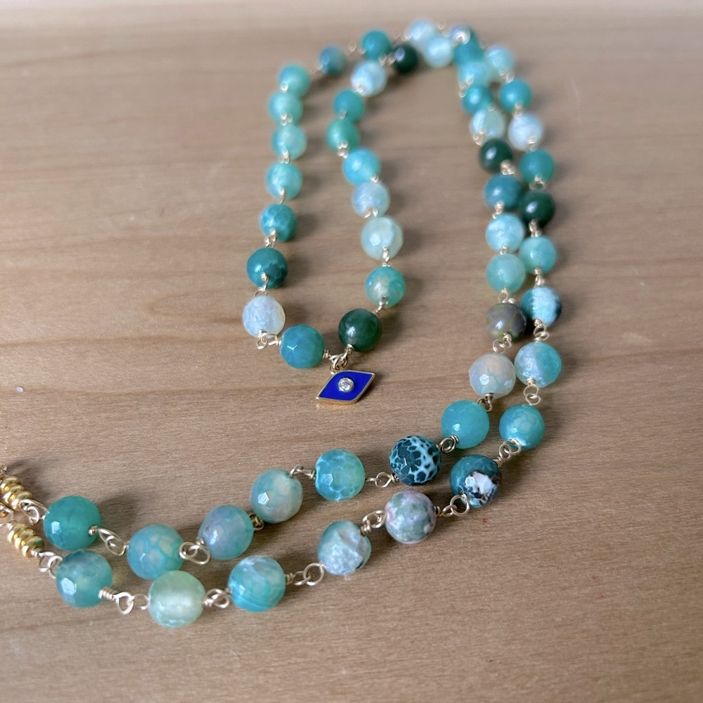 Handmade gold filled long 16” green Agate and jade bead gemstone necklace